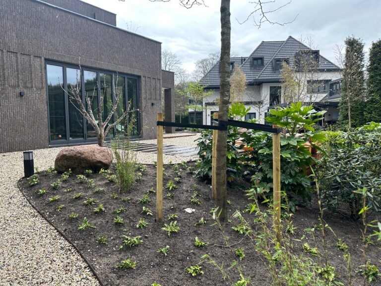 Voorgevel van moderne villa met aangelegde tuin