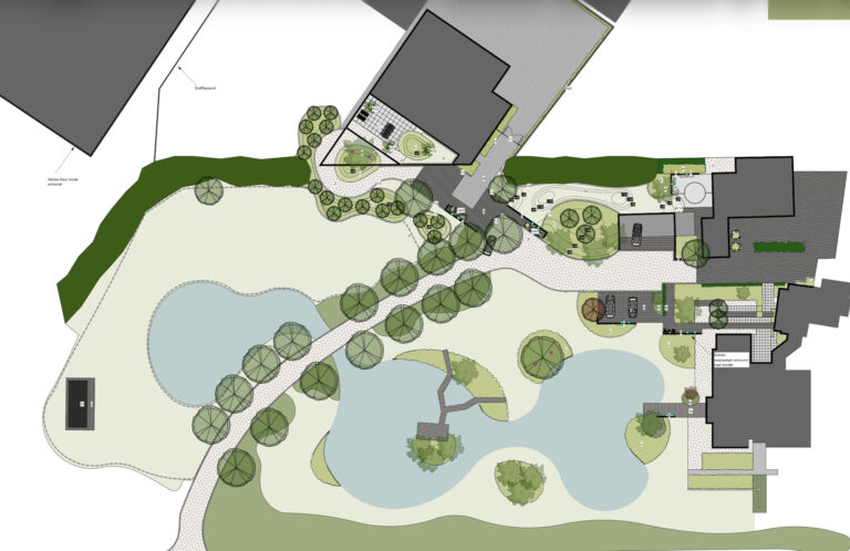 Terreinplan en tuinontwerp bij vrijstaande villa met zwembad en bijgebouwen