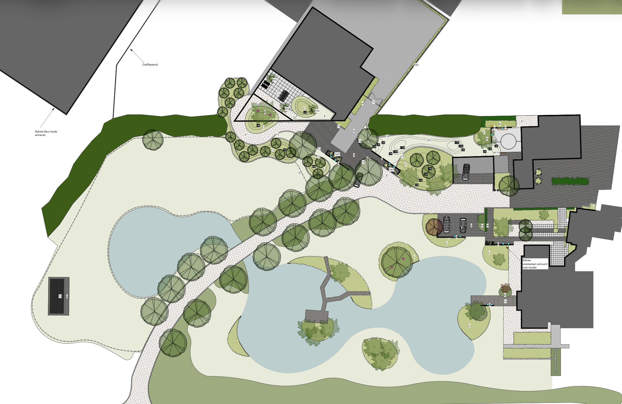 Terreinplan en tuinontwerp bij vrijstaande villa met zwembad en bijgebouwen